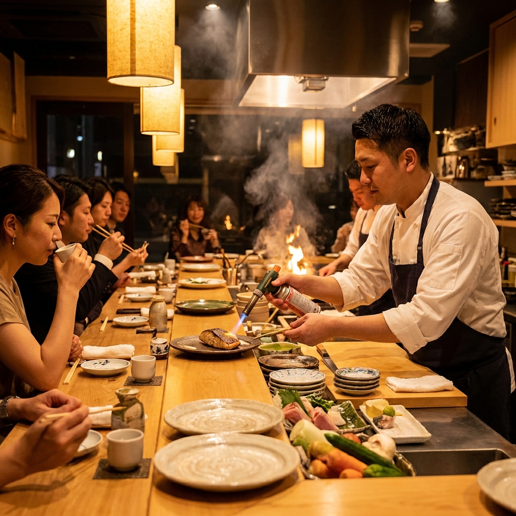 셰프가 직접 요리하는 오마카세 바 풍경