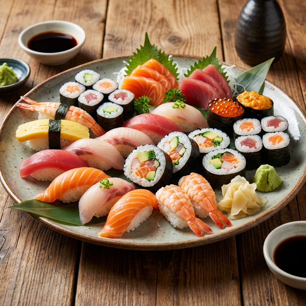 다양한 초밥이 담긴 접시