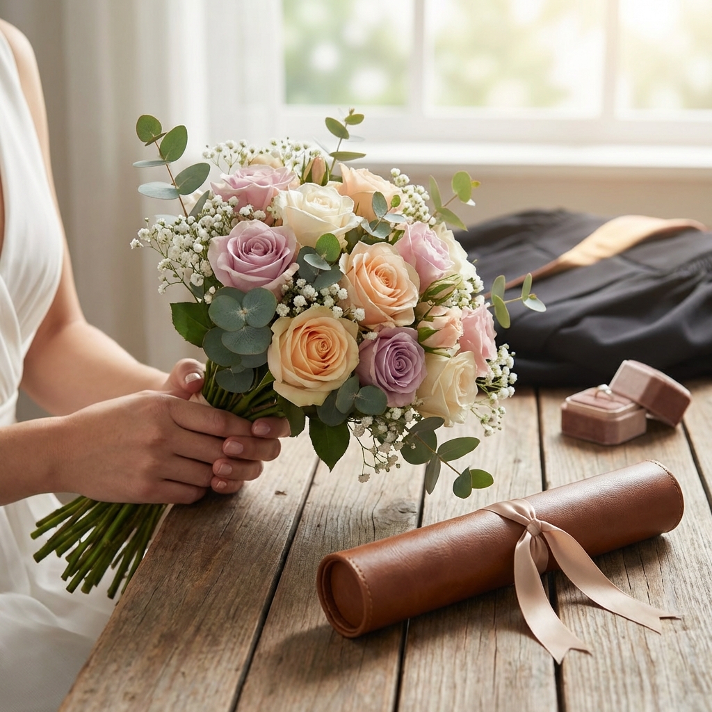 꽃다발과 졸업장 소품 활용