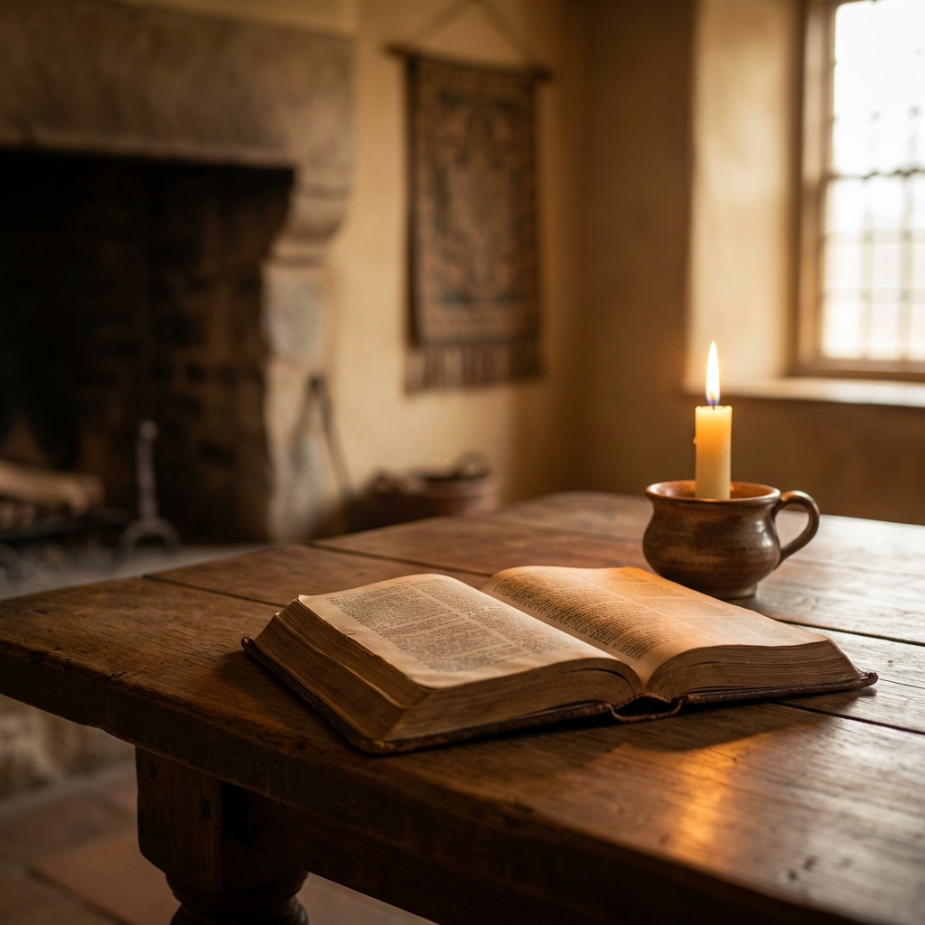 성경책과 촛불이 있는 경건한 분위기