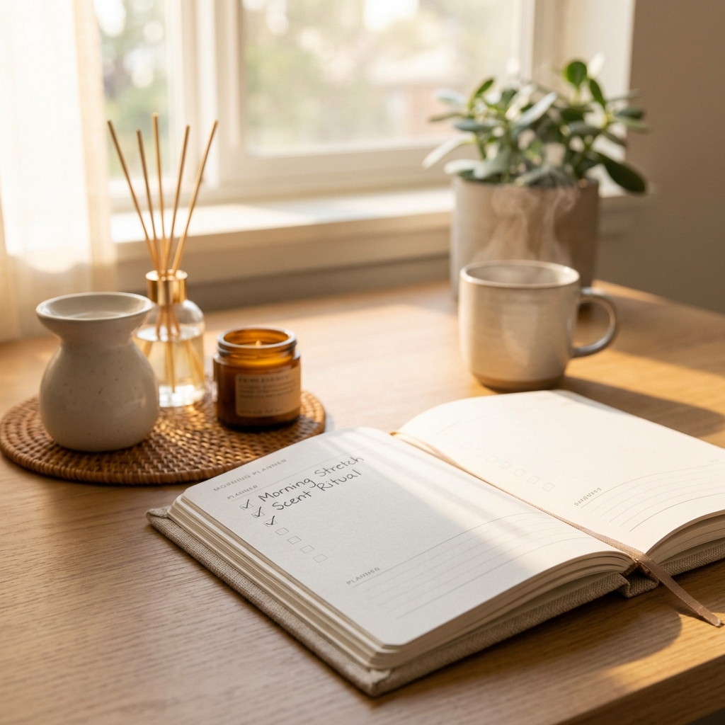 캘린더와 향 제품이 함께 배치된 루틴 체크 이미지