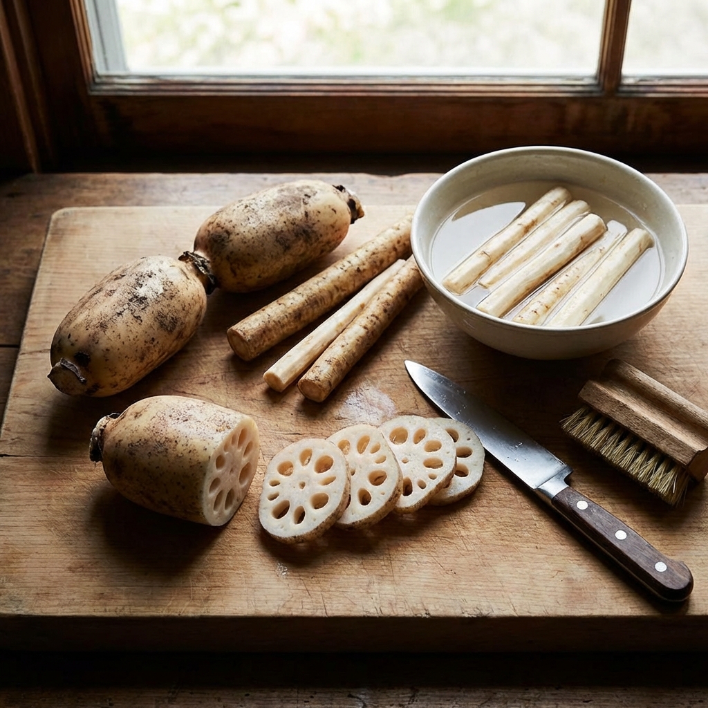 연근과 우엉 손질 과정