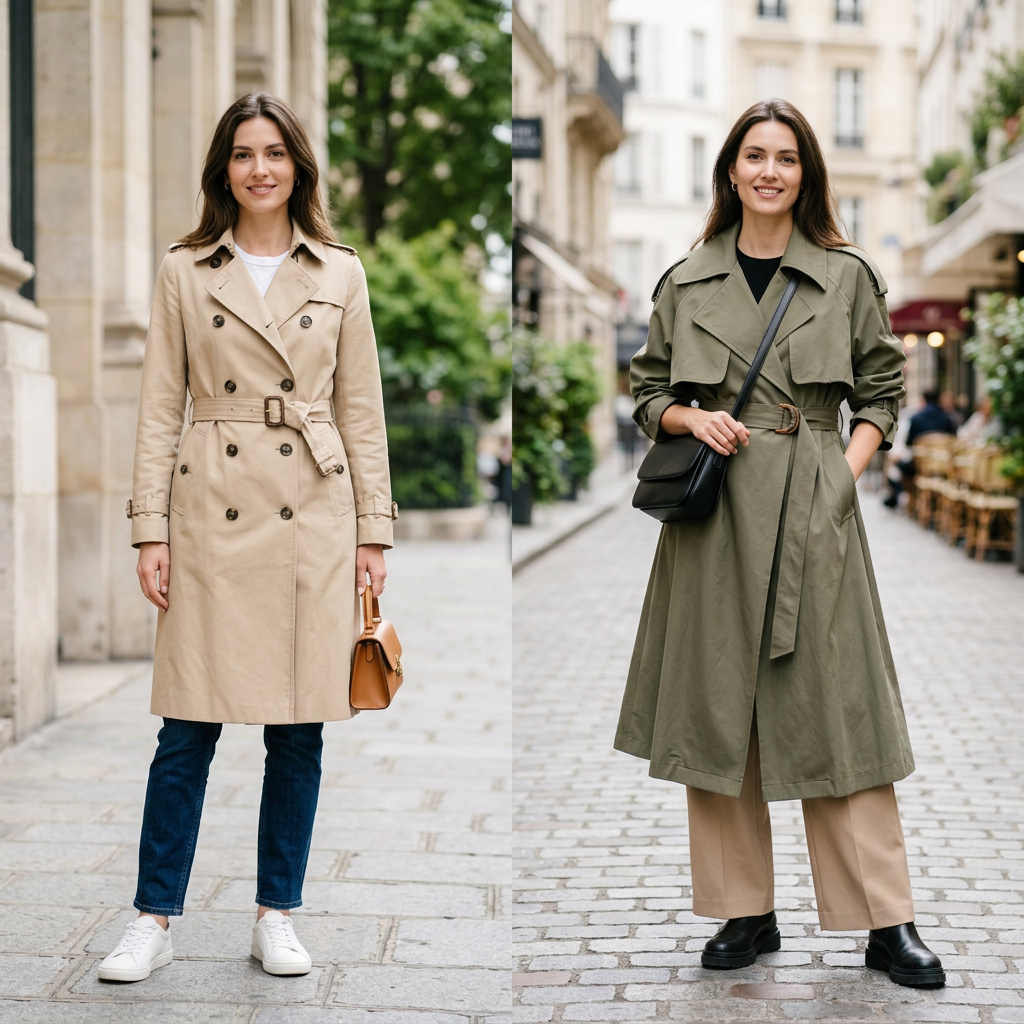 베이직 트렌치코트와 변형 디자인 비교 구도