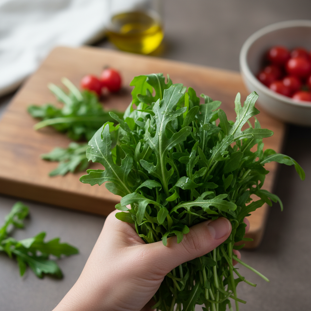 싱싱한 루꼴라 한 줌을 손에 들고 있는 장면, 잎의 톱니 모양과 선명한 녹색이 잘 보이는 구도