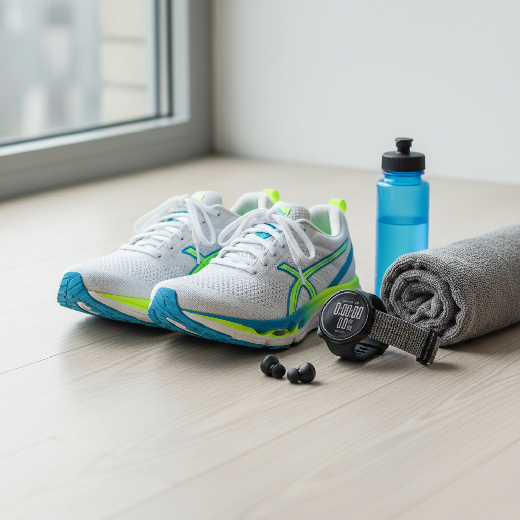 러닝화와 기록 측정 밴드, 준비물 클로즈업