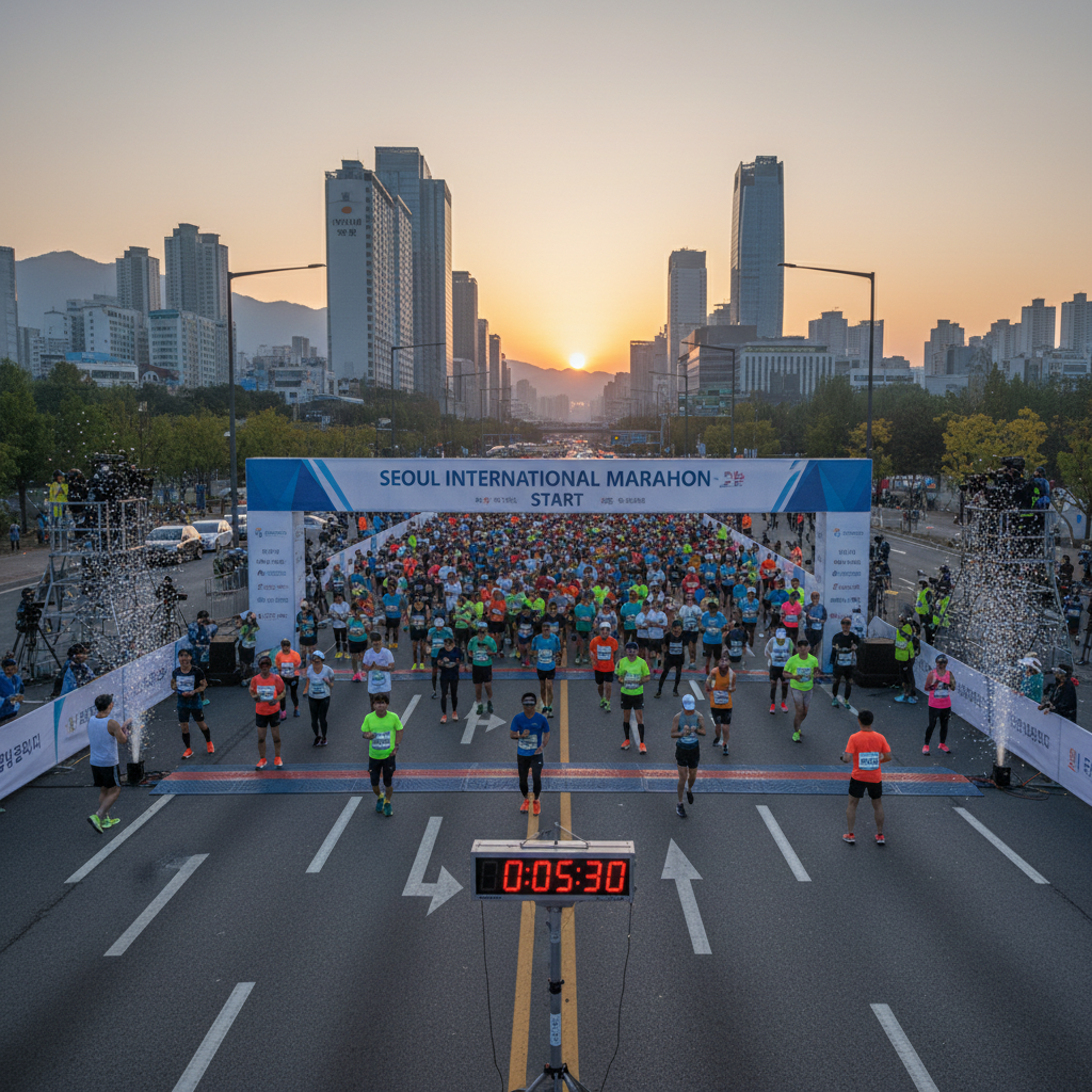 마라톤 대회 출발선 전경, 러너들이 준비 운동을 하는 장면