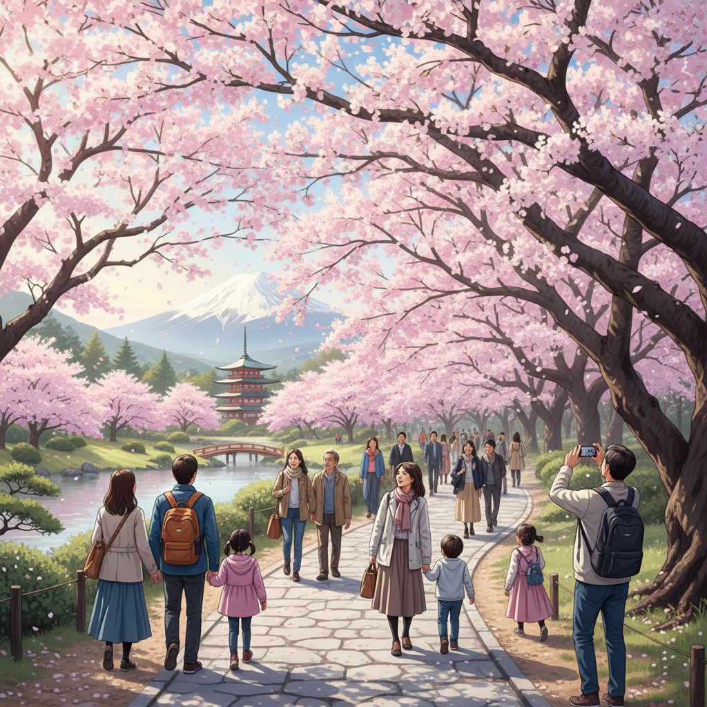 만개한 벚꽃 아래 산책하는 사람들의 모습