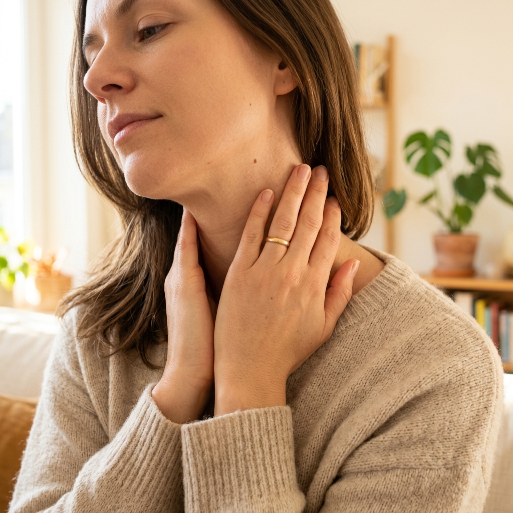 목을 감싸 쥐고 있는 사람의 손과 목 부위 클로즈업