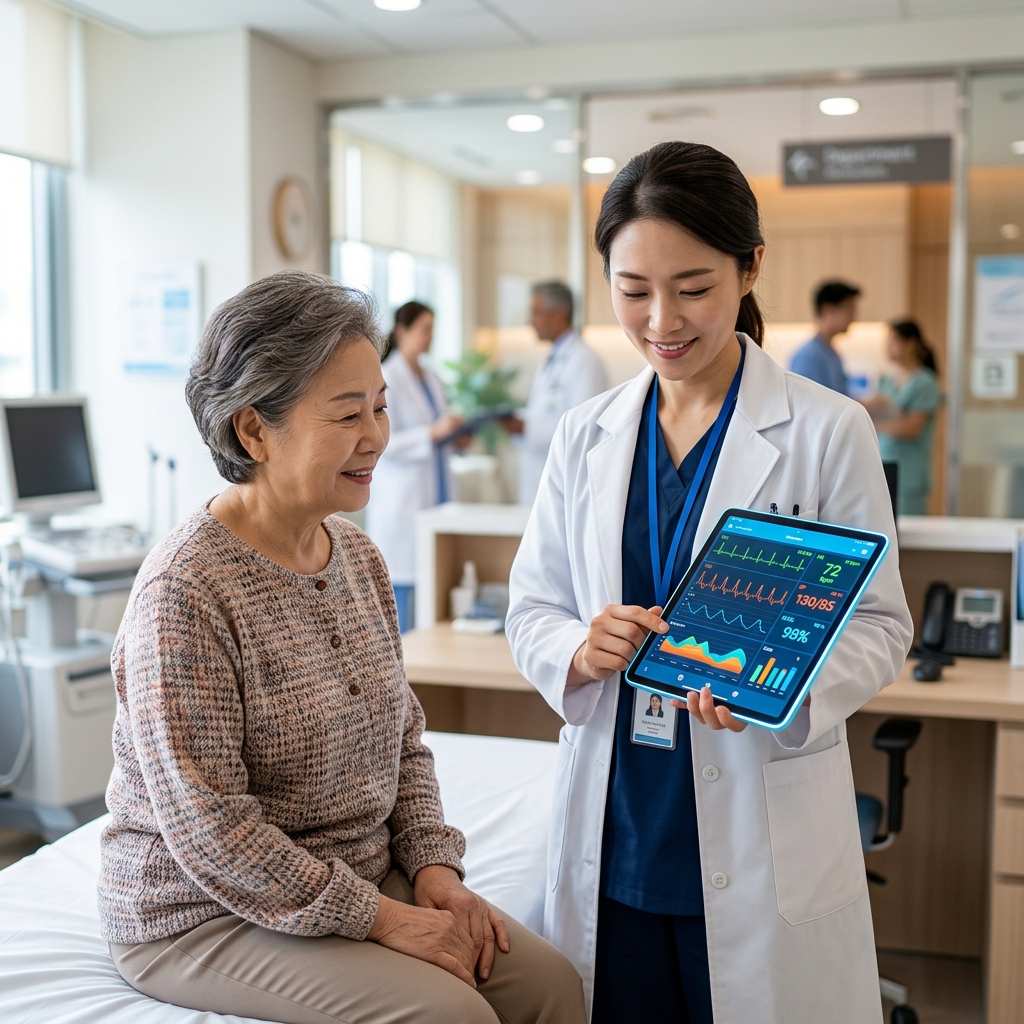 의사가 환자의 생체 데이터를 태블릿으로 확인하는 장면