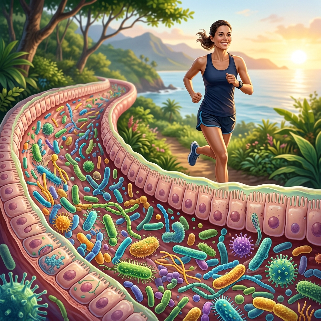 장내 미생물 생태계를 나타내는 과학적 이미지