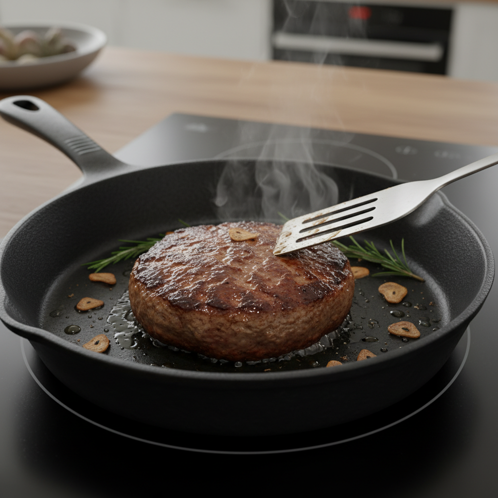 대체육 패티를 프라이팬에 굽는 조리 과정