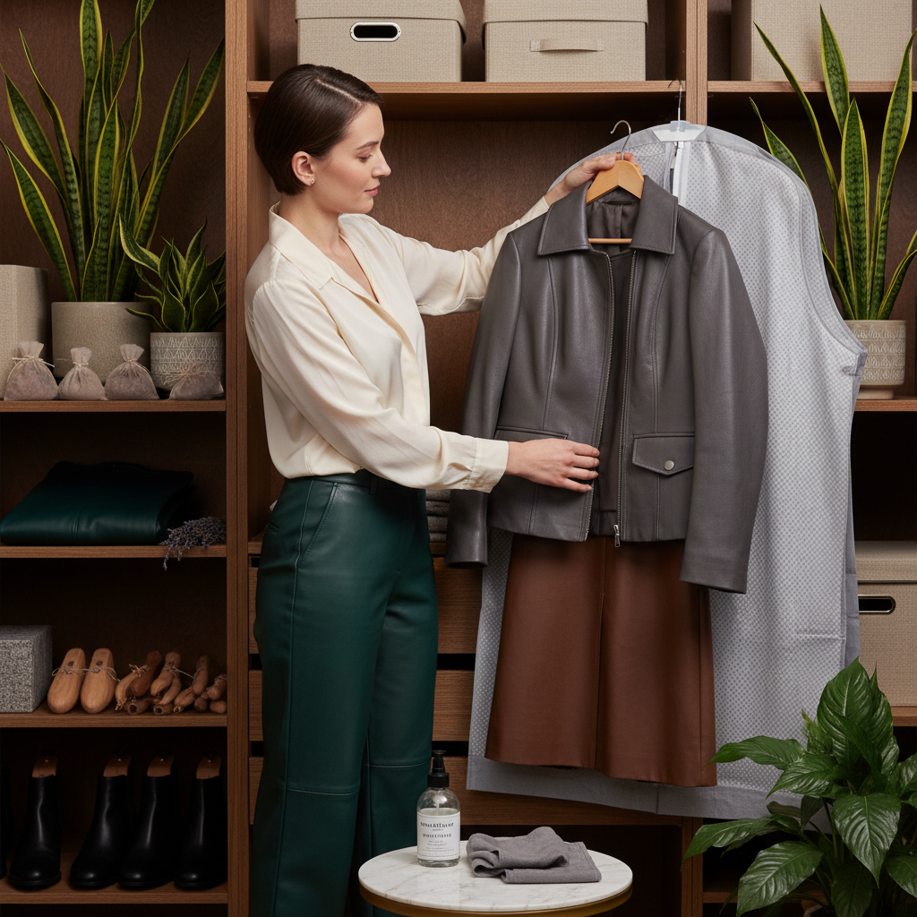 비건 가죽 의류의 올바른 보관 및 관리 방법을 보여주는 장면