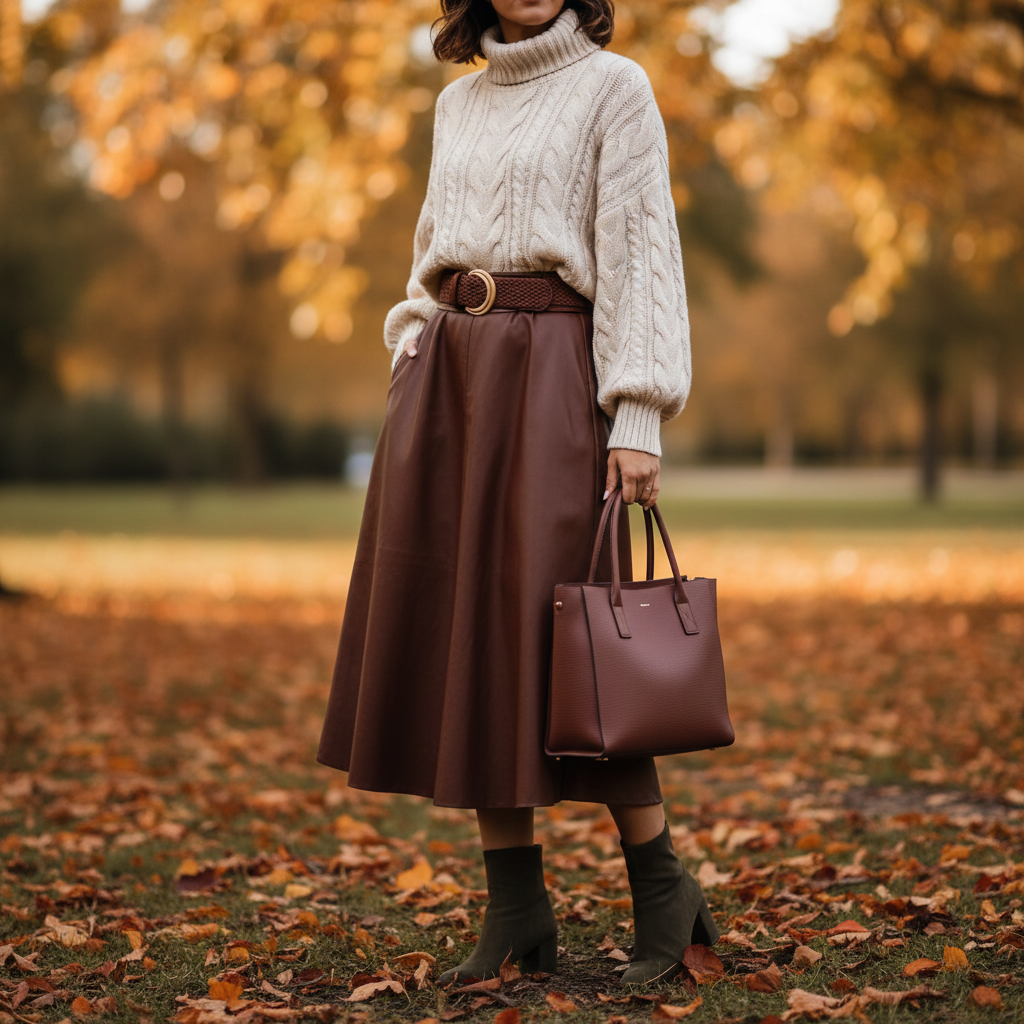 비건 가죽 스커트와 포근한 니트를 매치한 세련된 가을 코디 실루엣