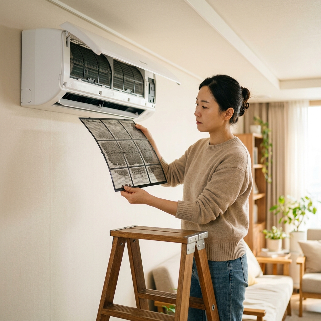 에어컨 필터를 분리하여 먼지 상태를 확인하는 모습