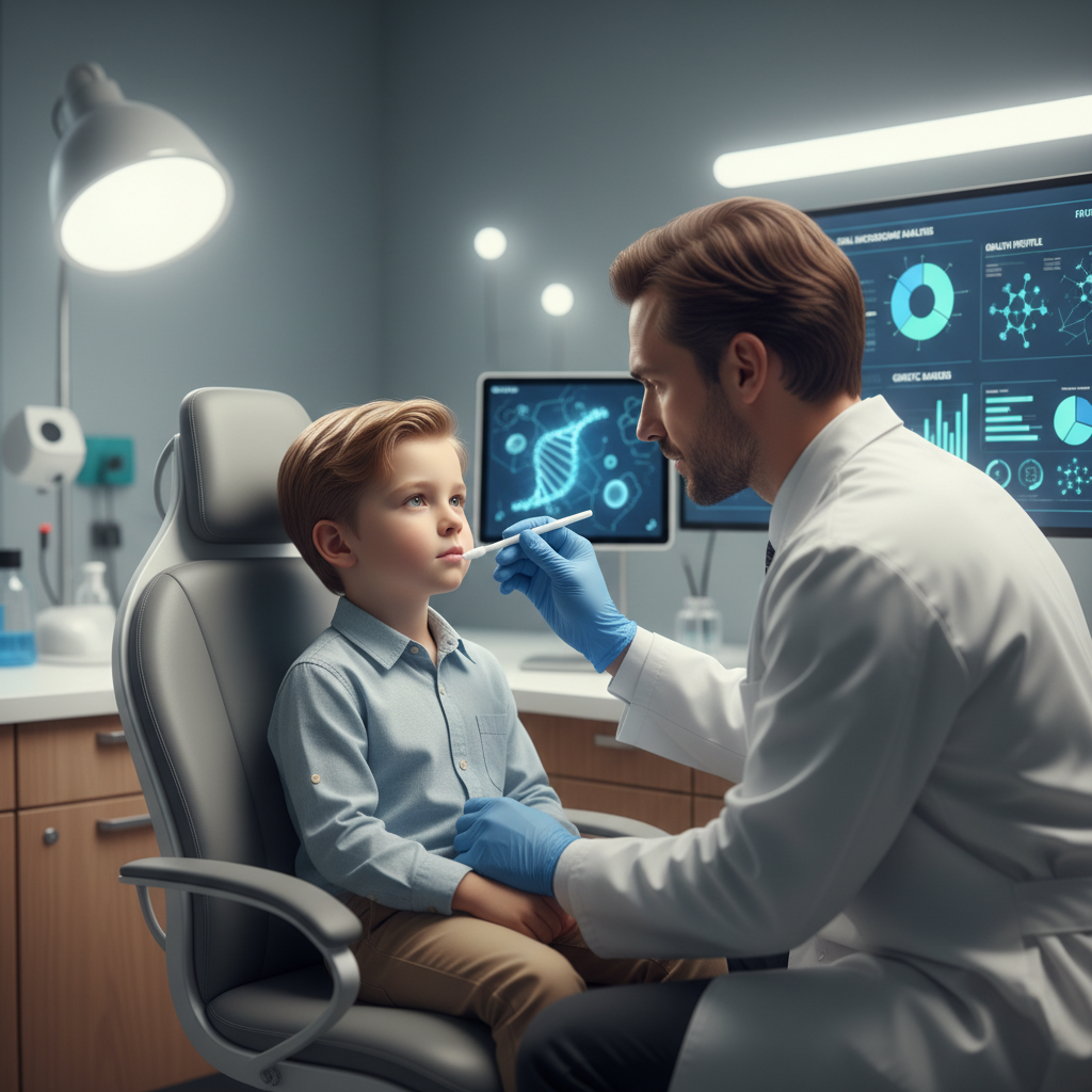 아이 구강 점막 채취 장면과 분석 리포트