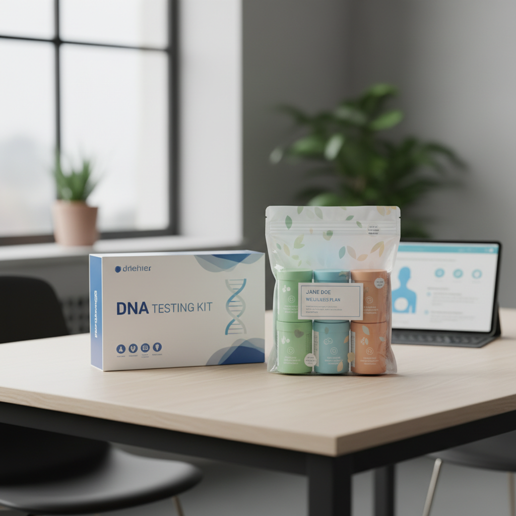 DNA 검사 키트와 맞춤형 영양제 패키지가 함께 놓인 장면