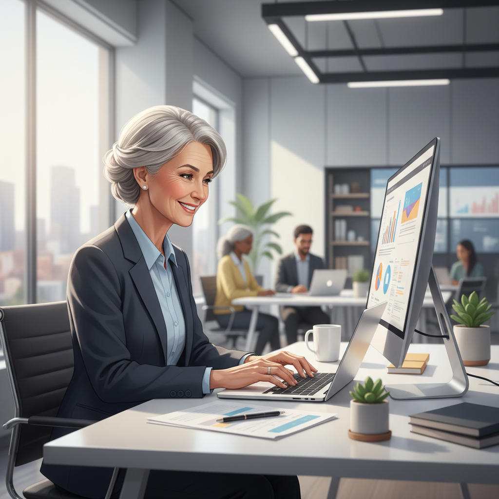 재취업에 성공한 시니어가 밝은 표정으로 일하는 모습