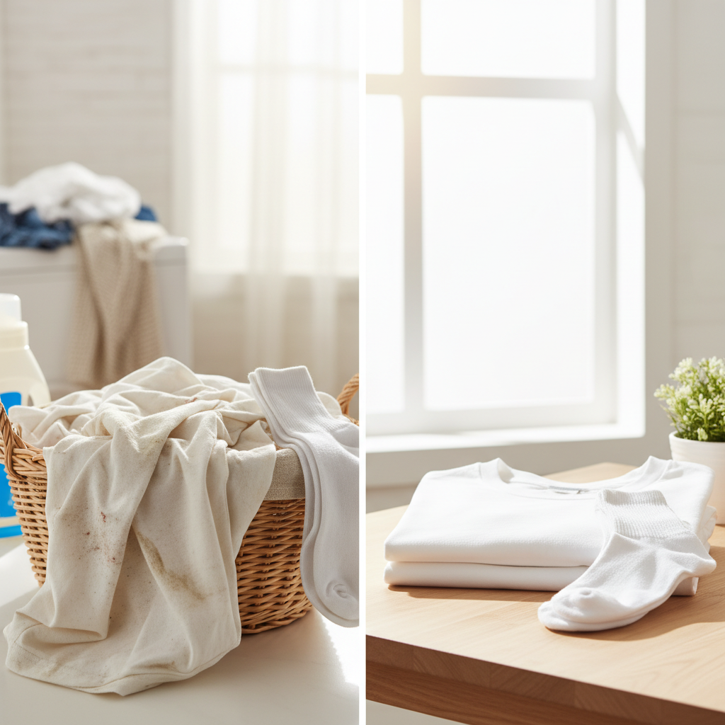 세탁 전후 비교 장면, 깨끗해진 흰옷