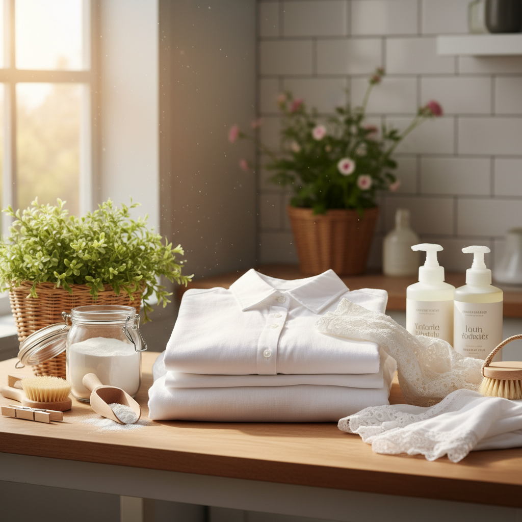 깨끗하게 복구된 흰옷과 세탁 도구들