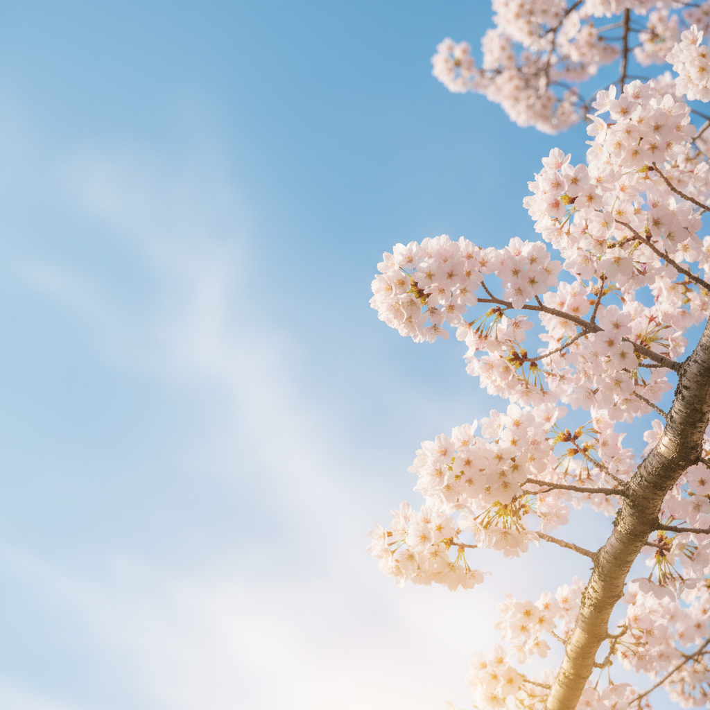 벚꽃을 화면 오른쪽에 배치하고 하늘 배경으로 찍은 사진