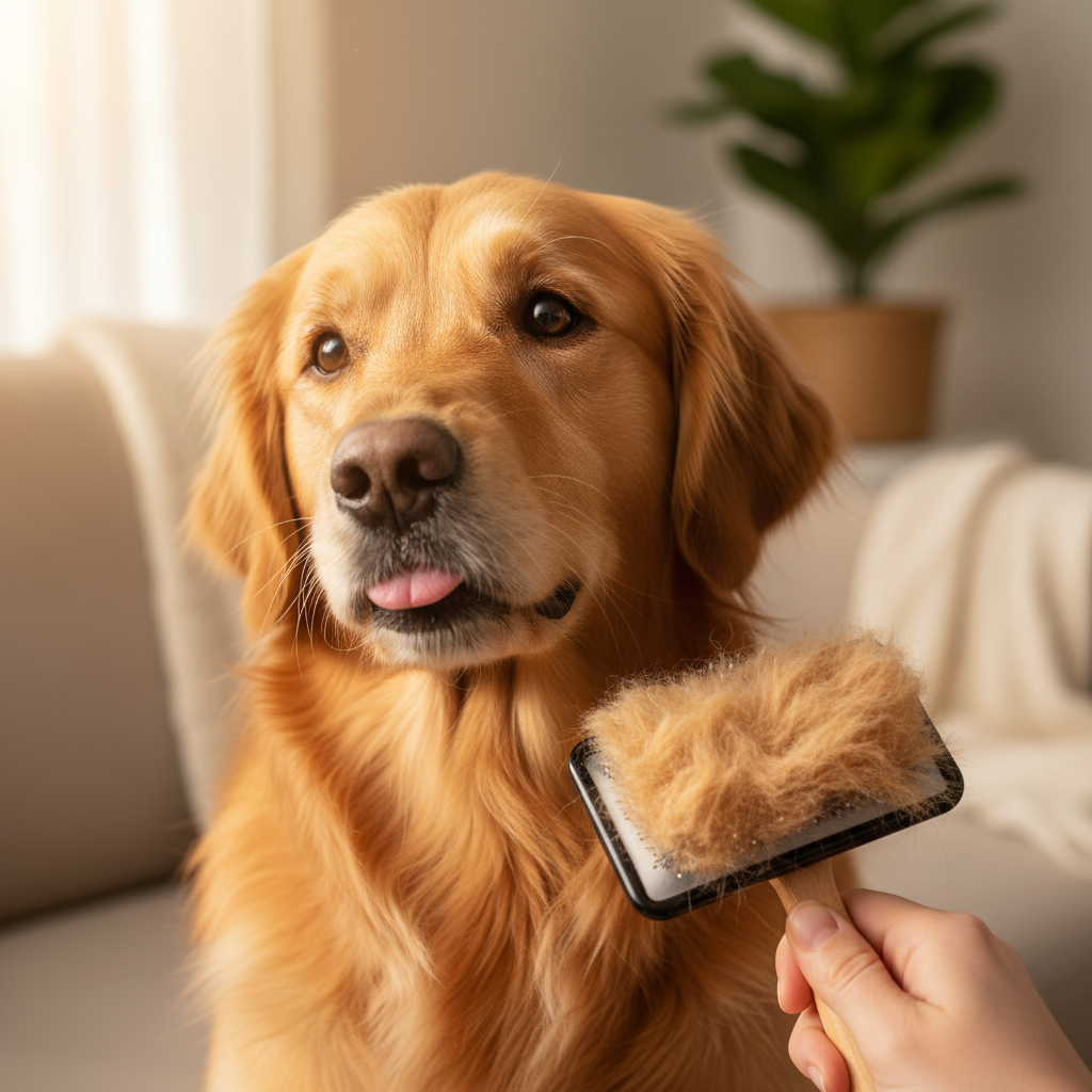 빗질 중 강아지 표정 또는 브러쉬에 모인 털 클로즈업