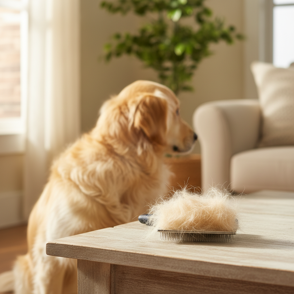 빗질 후 깨끗해진 강아지 털 또는 브러쉬 정리 장면