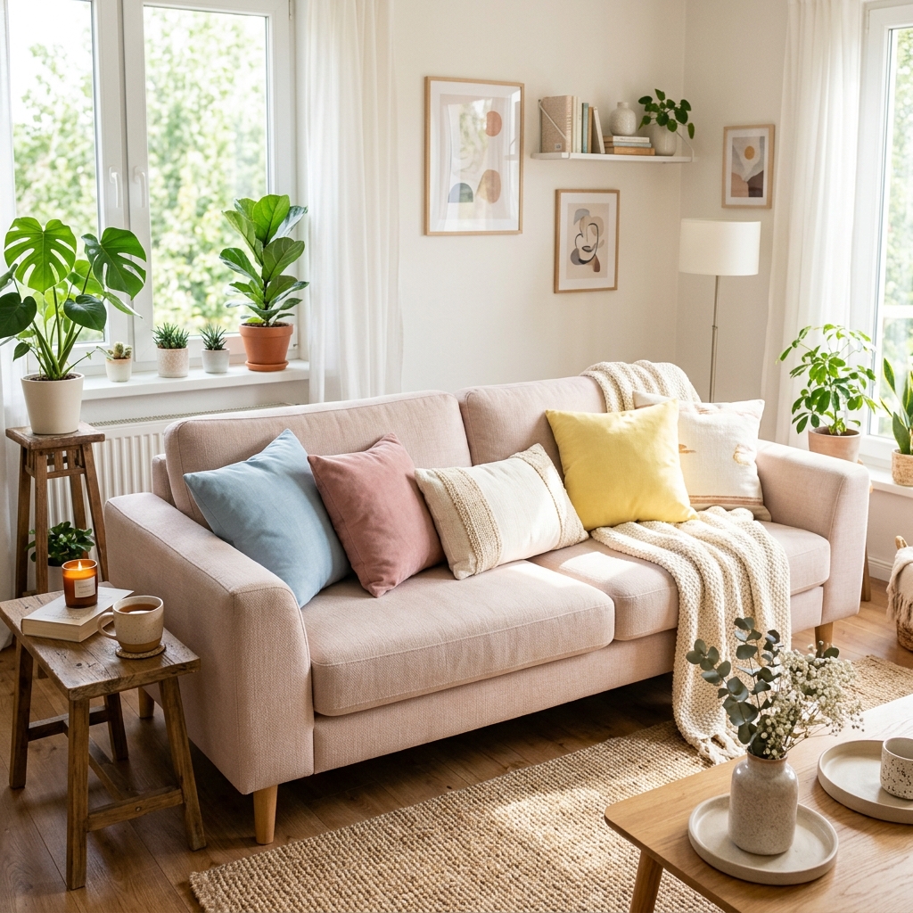 파스텔 톤 소파와 쿠션이 놓인 거실 전경