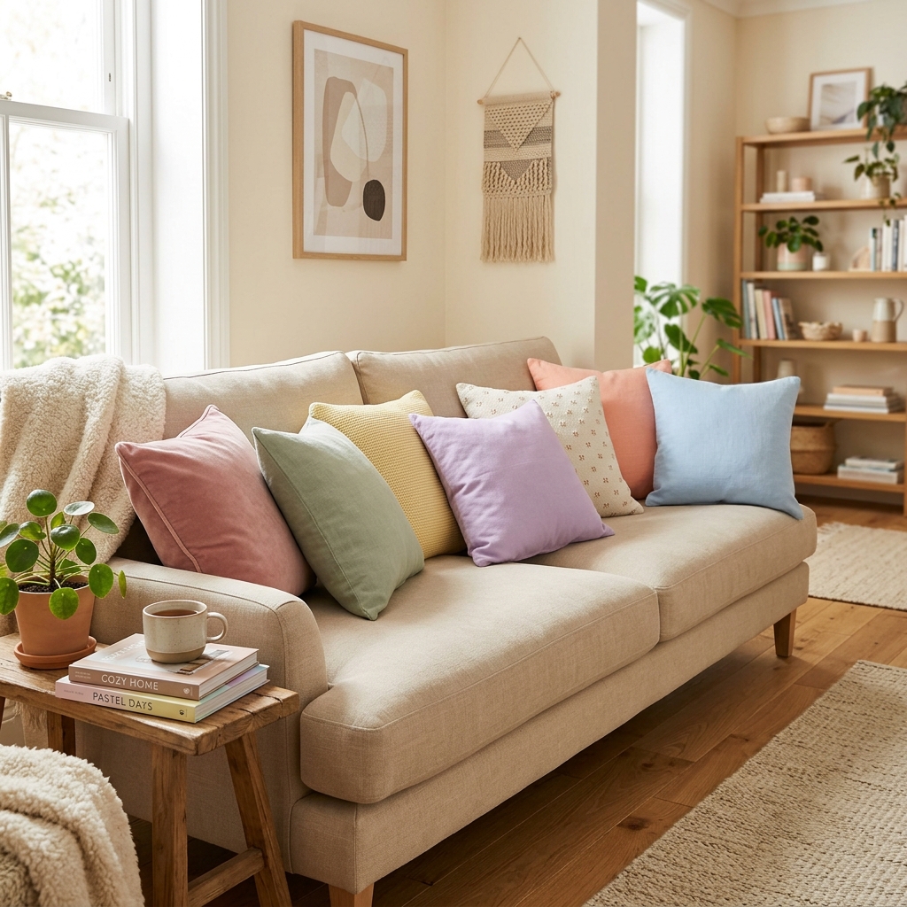 베이지 소파 위 파스텔 톤 쿠션 여러 개