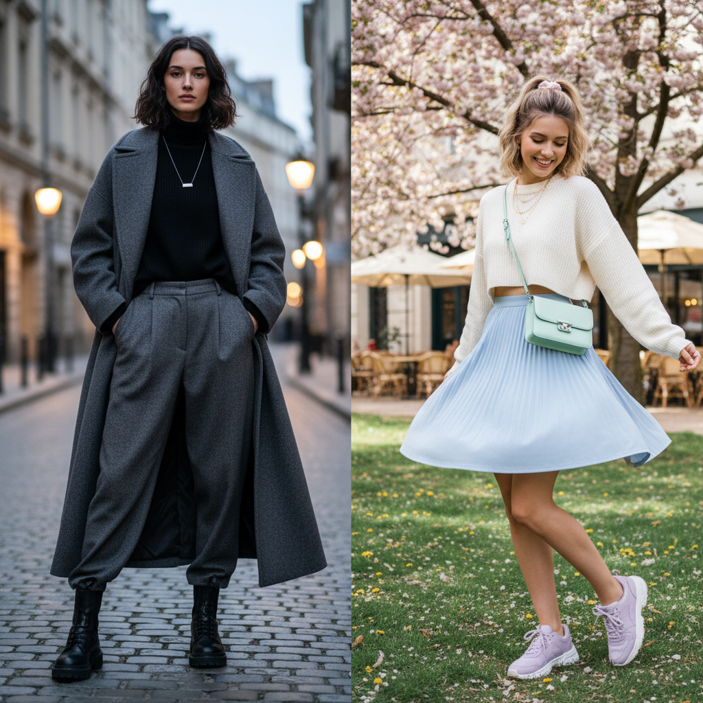 어두운 오버핏 코디와 밝은 파스텔톤 크롭 코디의 사진 결과물 비교