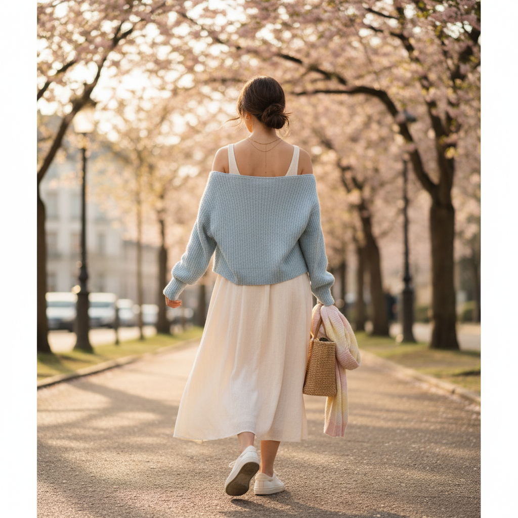 일교차에 대비해 어깨에 가볍게 걸친 파스텔톤 카디건 코디 실루엣