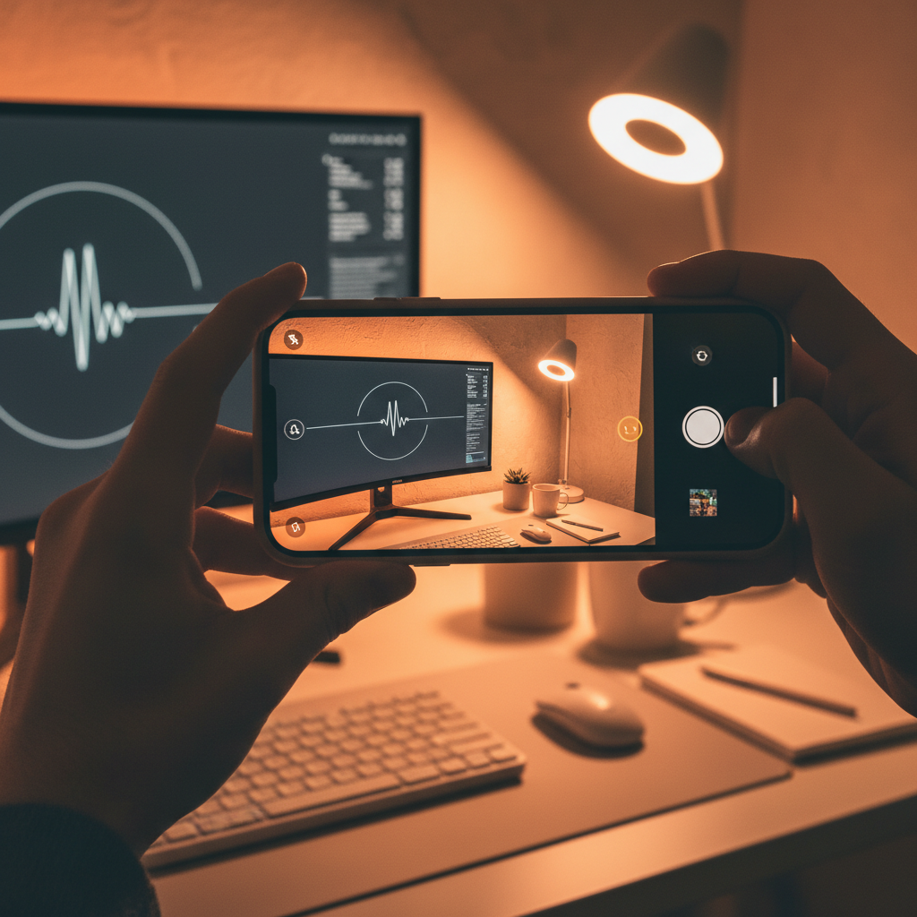 감각적인 조명 아래 완벽하게 꾸며진 데스크 셋업을 촬영하는 스마트폰 화면