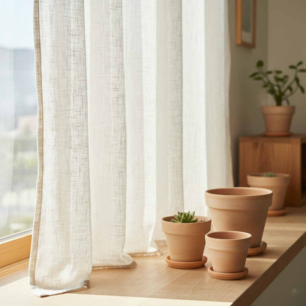 린넨 커튼과 베이지색 토분 비교 연출 장면