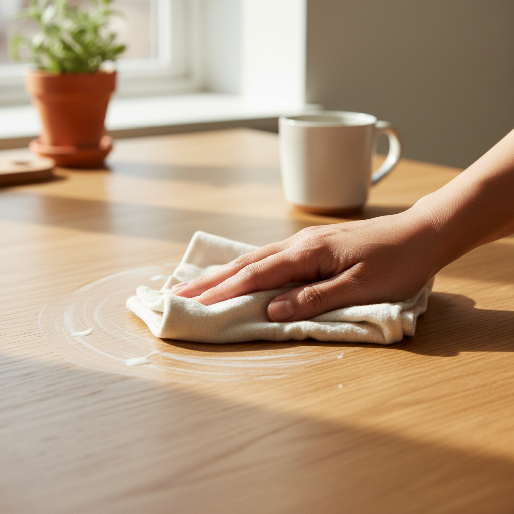 마른 천에 우유를 살짝 묻혀 원목 테이블을 닦는 모습