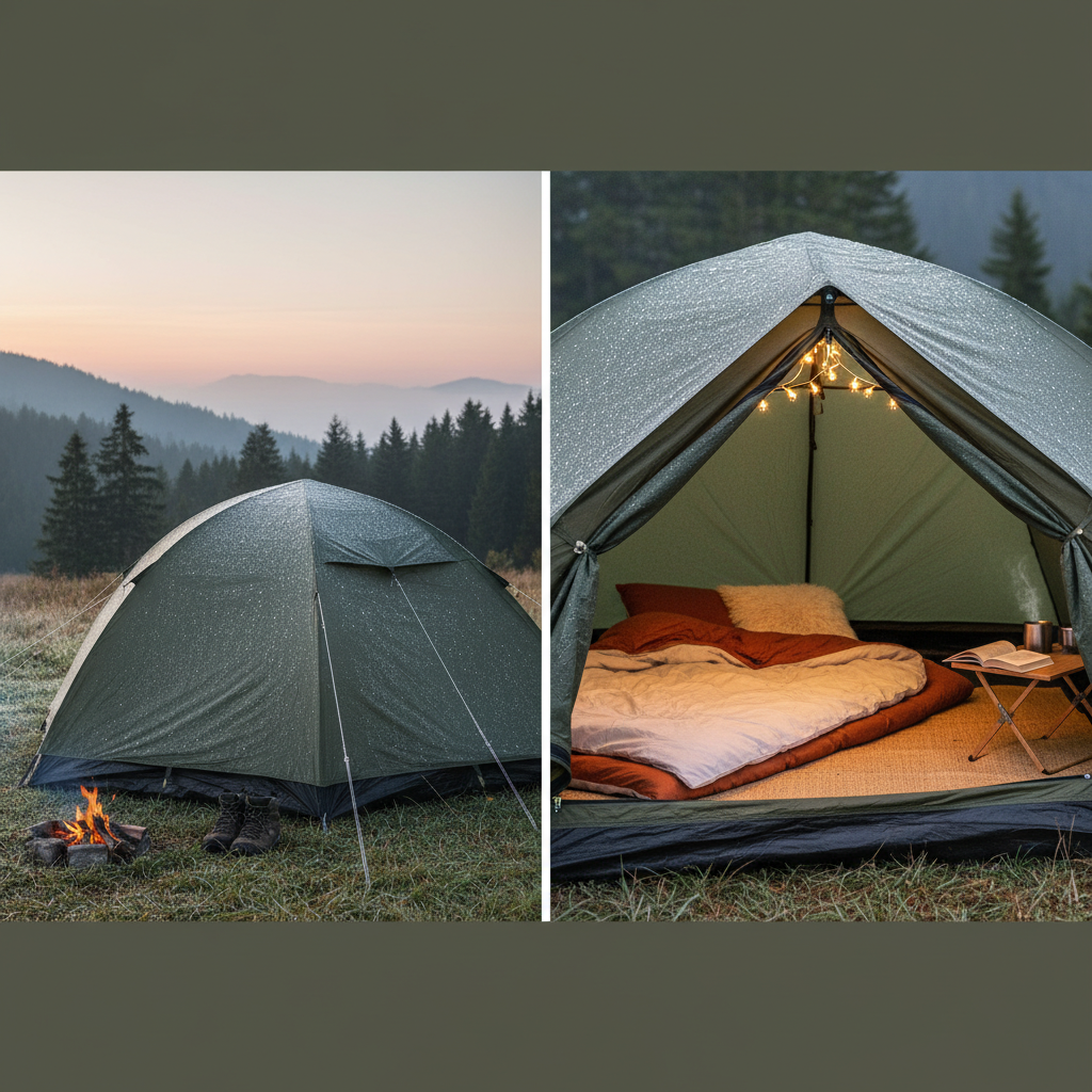 아침 이슬이 맺힌 텐트 외부와 보송한 내부 공간이 대비되는 모습