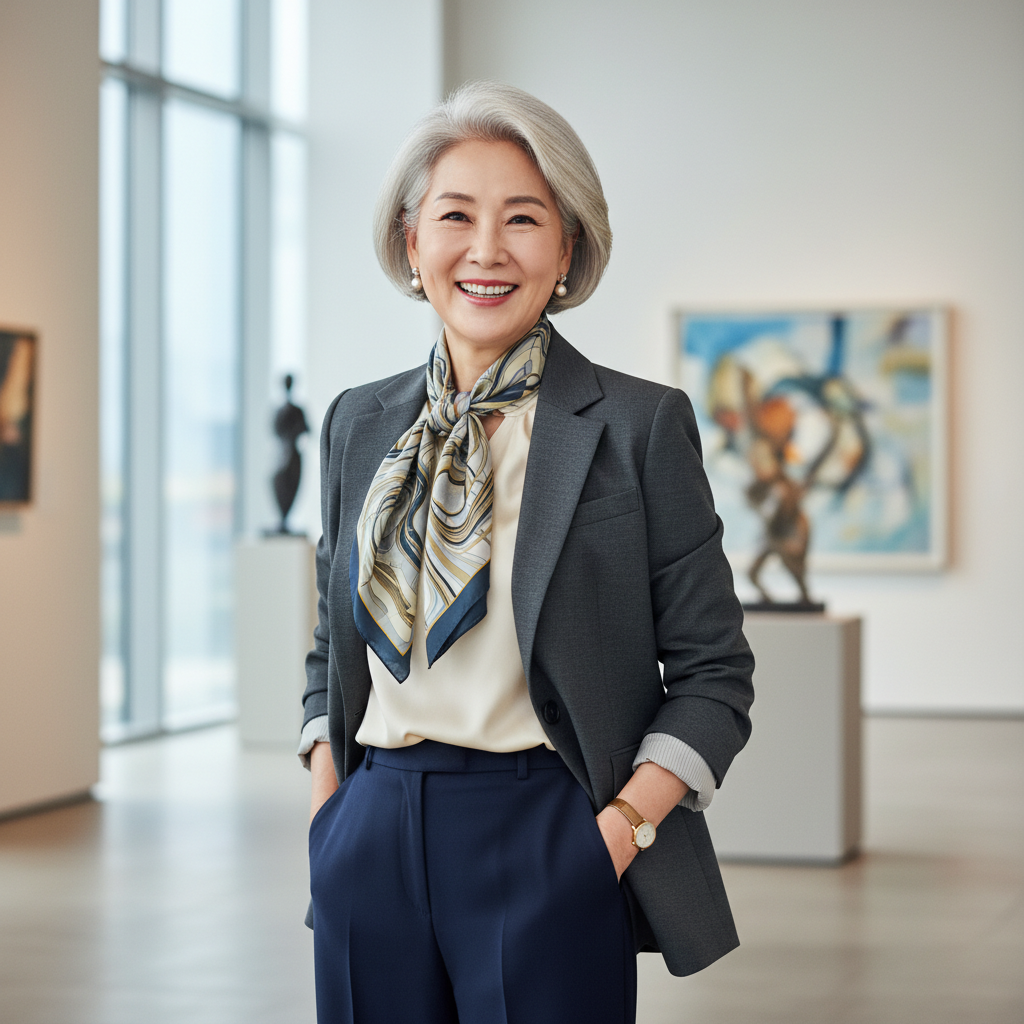 세련된 옷을 입은 한국인 시니어 여성의 미소