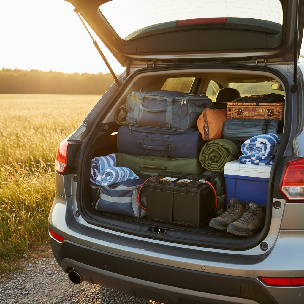 차량용 보조배터리와 짐이 가득 실린 자동차 트렁크 장면
