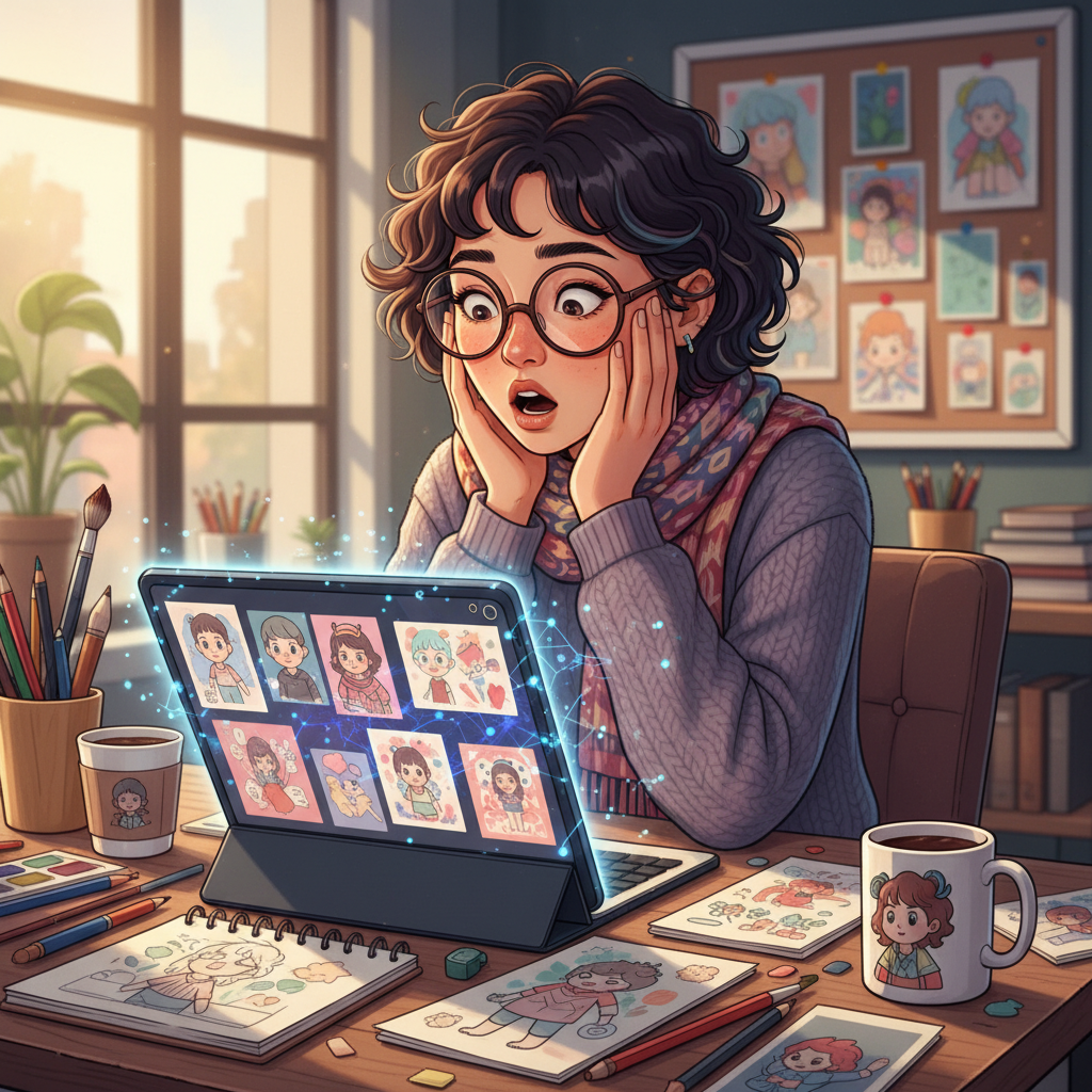 자신의 그림체와 똑같은 AI 결과물을 보고 당황하는 일러스트레이터의 모습