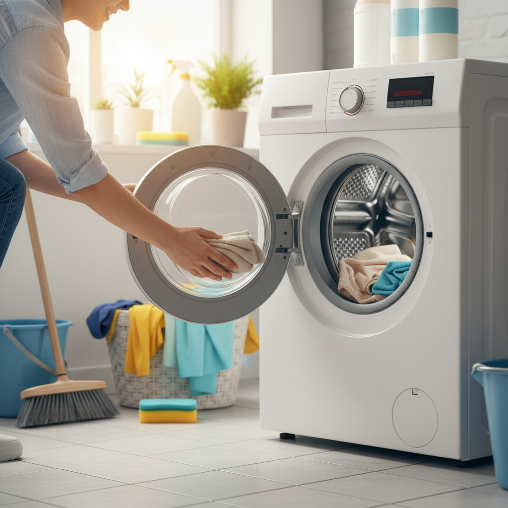 세탁기 문을 열고 내부를 확인하는 봄맞이 대청소 장면