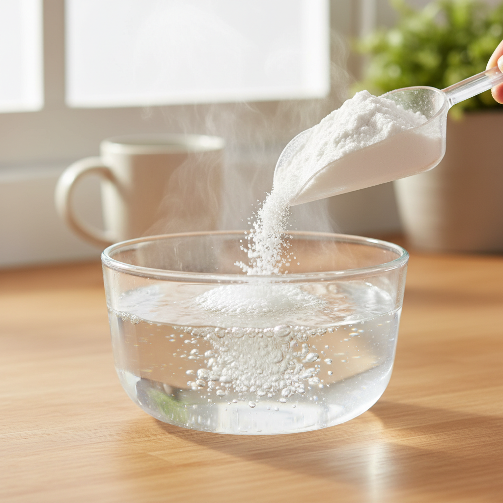 뜨거운 물에 과탄산소다가 녹으며 기포가 발생하는 장면