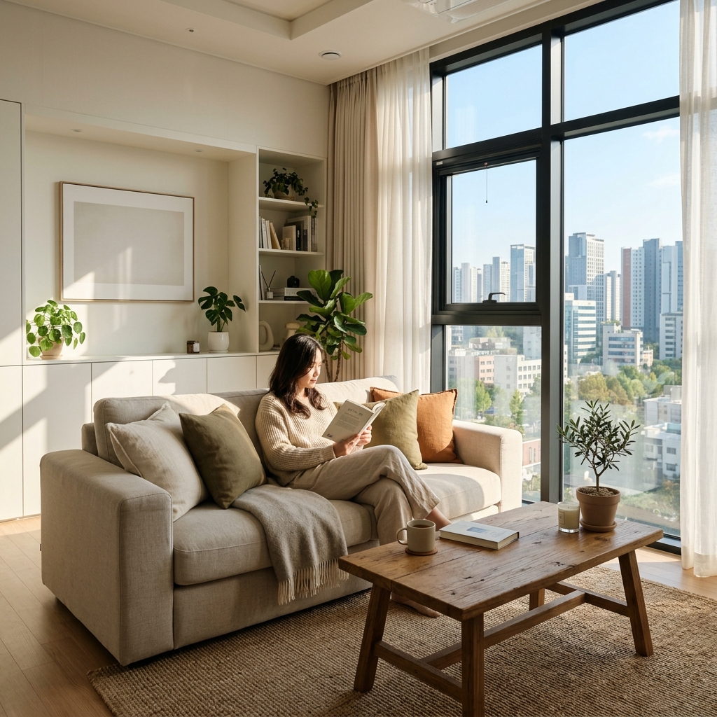 신축 아파트 거실에 햇살이 들어오는 차분한 전경