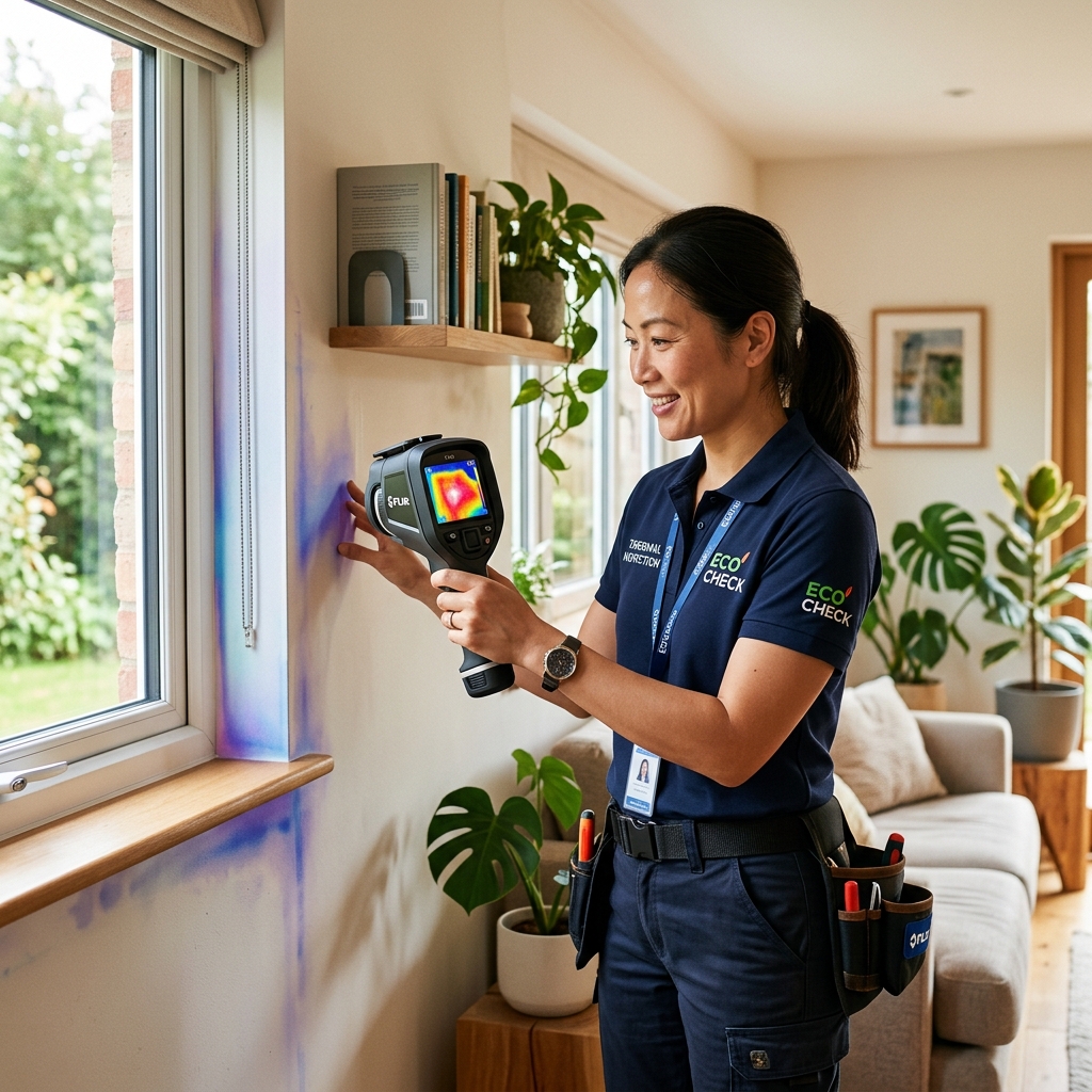 전문가가 열화상 카메라로 벽면 단열을 확인하는 모습