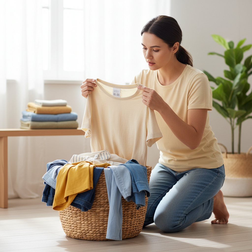 세탁물 바구니 앞에서 옷 안쪽의 케어 라벨 기호를 꼼꼼히 확인하는 장면