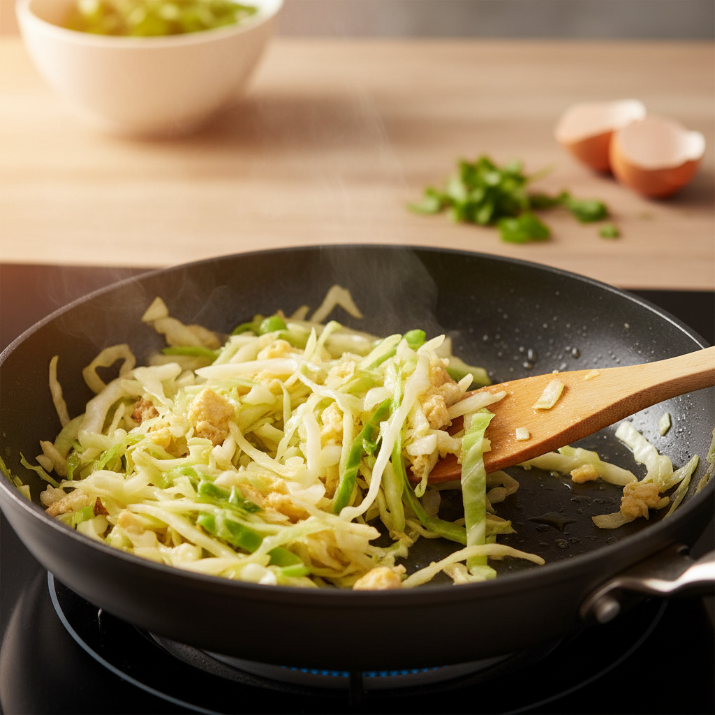 물기를 꽉 짠 양배추와 계란을 팬에 볶아내는 조리 과정