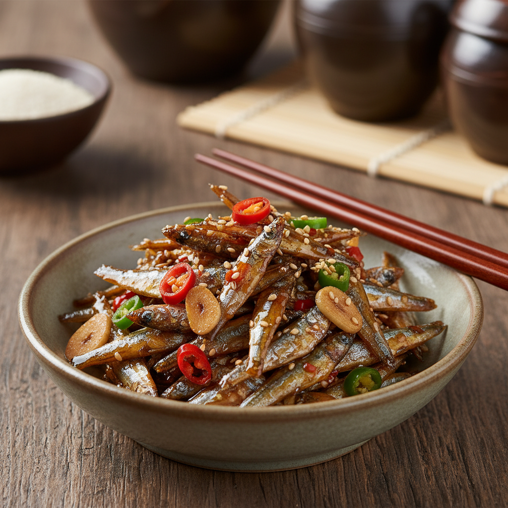 액상 알룰로스를 활용해 윤기 나게 볶아낸 멸치볶음 완성 장면