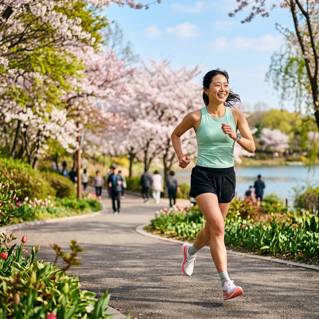 따뜻한 봄날 가벼운 옷차림으로 공원을 달리는 여성