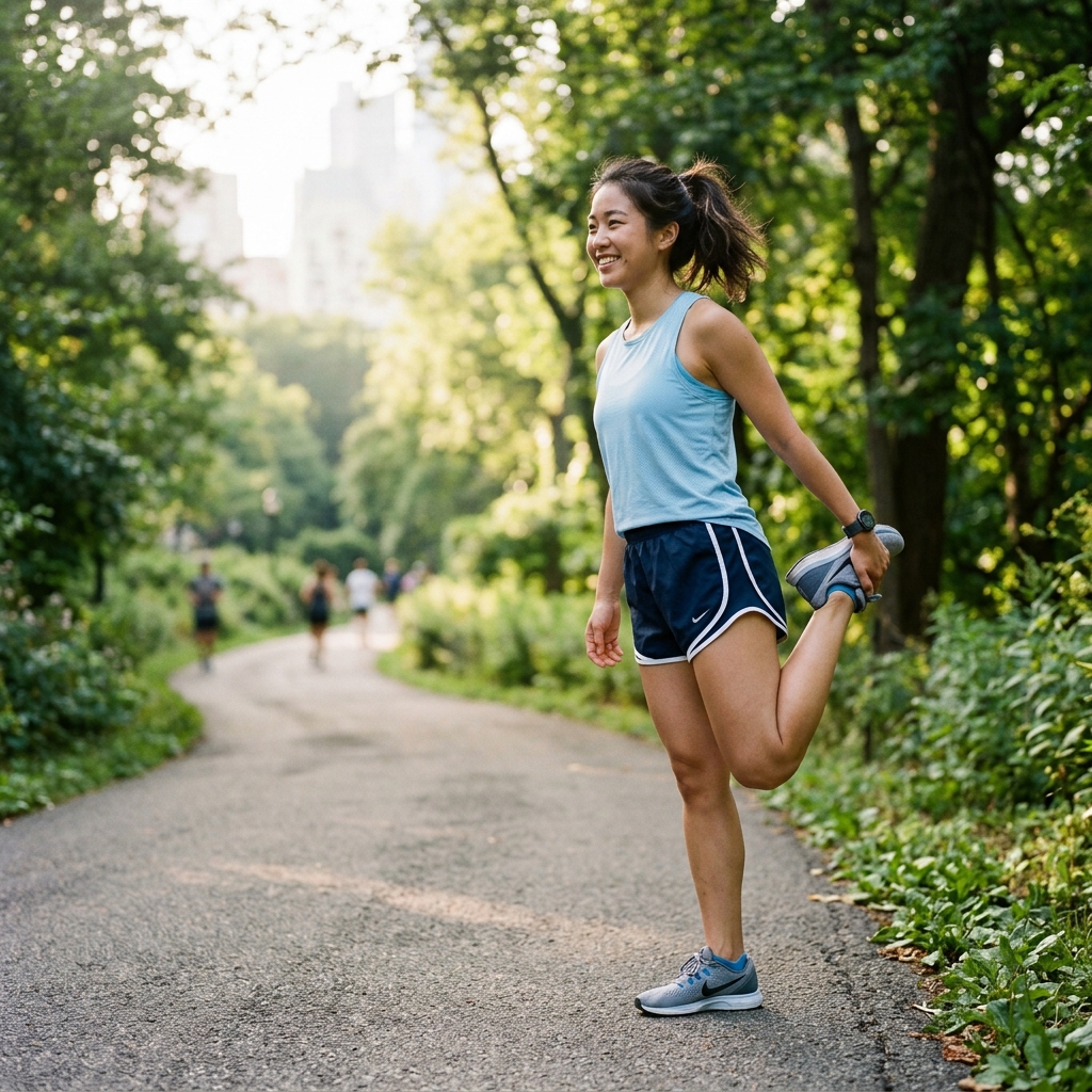 달리기 전 가볍게 스트레칭하며 몸을 푸는 모습