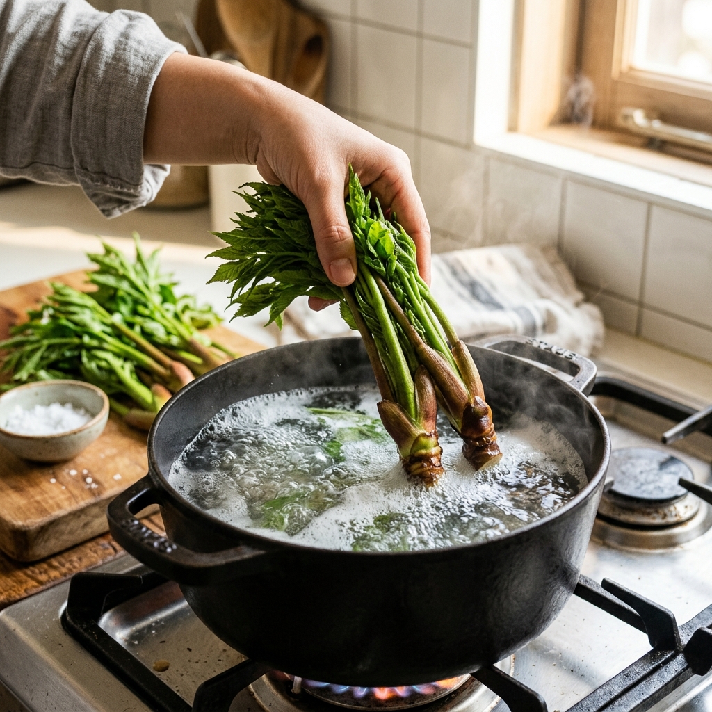 끓는 소금물에 두릅의 두꺼운 밑동부터 먼저 넣고 데치는 모습