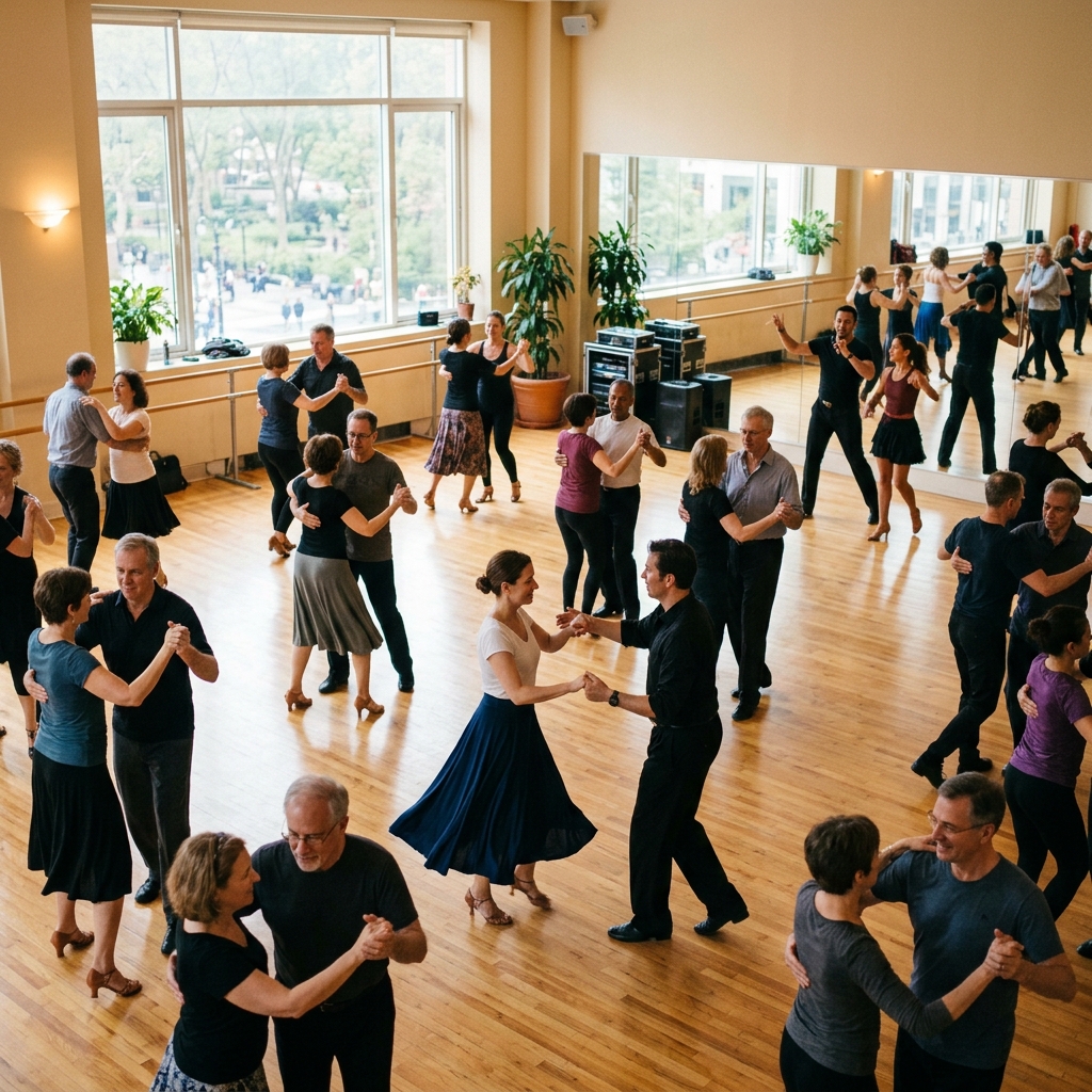 댄스스포츠 입문 수업 현장의 전체 분위기