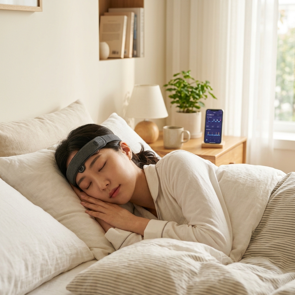 뇌파 분석 기반 웨어러블 수면 디바이스 사용 장면