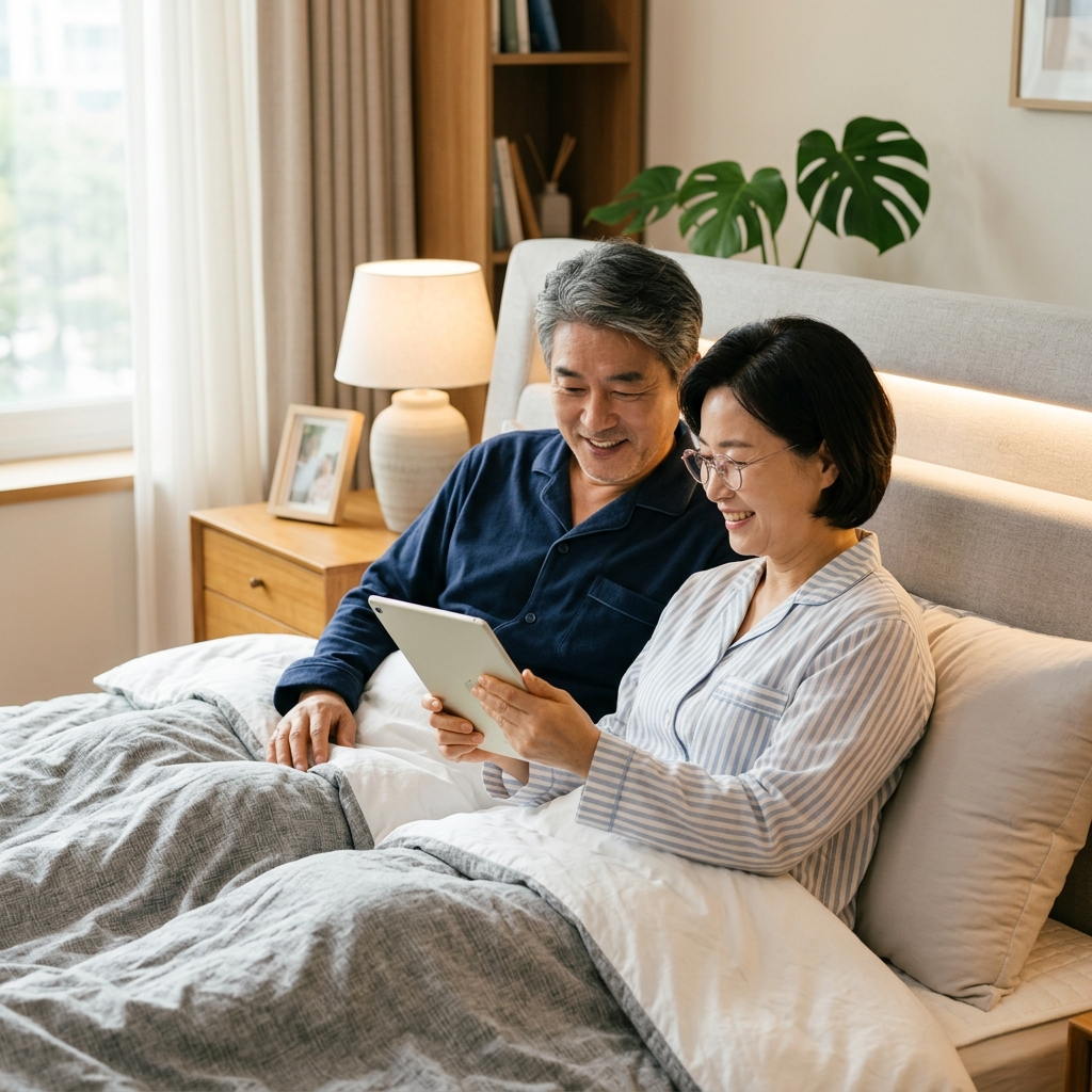 중장년층이 스마트 침대에서 수면 데이터를 확인하는 장면